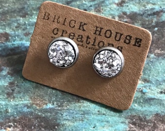 Silver Druzy Earrings, 8mm