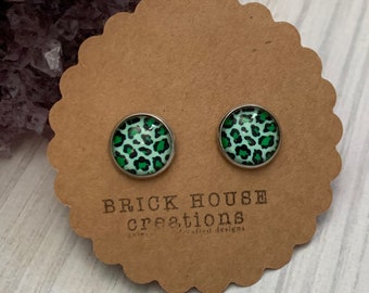 Mint Green Leopard Earrings, Stainless Setting