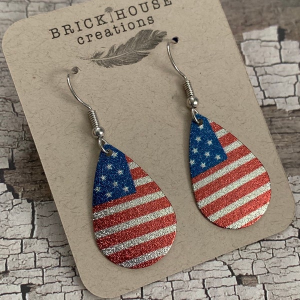 USA Flag Leather earrings, metal tears, flag earrings