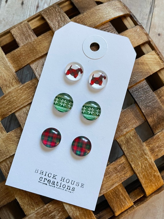 Blue Plaid Santa Earrings Blue Plaid Santa Earrings