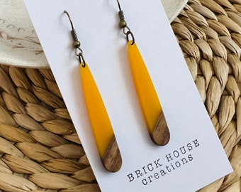 Mustard Yellow Skinny Resin + Wooden Earrings, green, Wood Resin