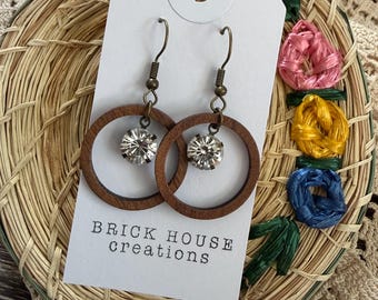 Wood + Rhinestone Circle Earrings