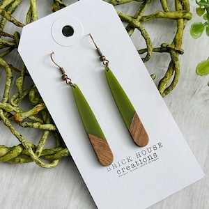 Olive Skinny Resin + Wooden Earrings, green, Wood Resin