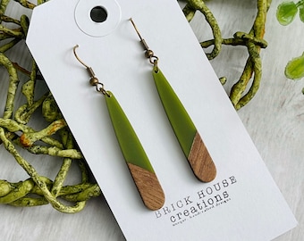 Olive Skinny Resin + Wooden Earrings, green, Wood Resin