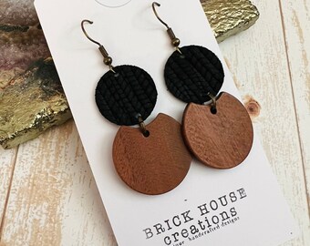 Black leather + Wooden Earrings, walnut wood