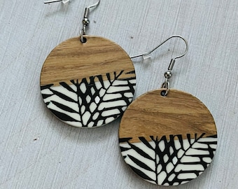 Black and White Palm Resin + Wooden Earrings, Medium