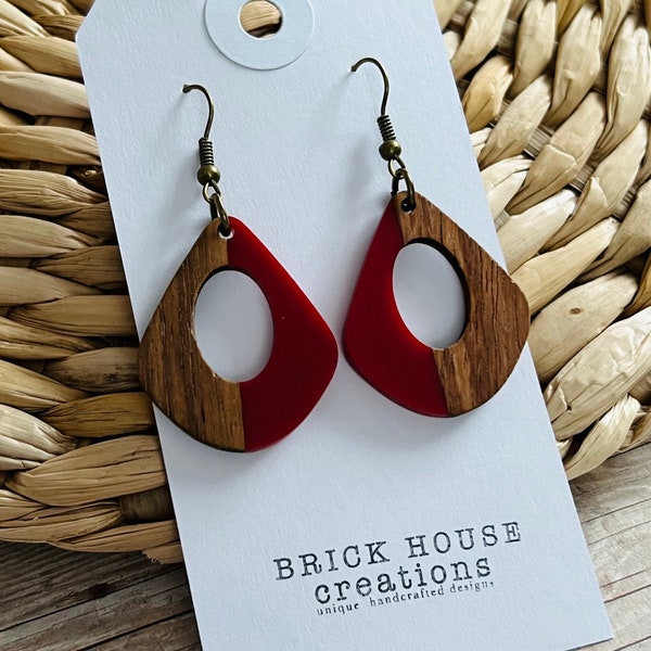 Deep Red Resin + Wooden Earrings, red, Wood Resin