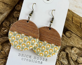 Mustard Floral Print Resin + Wooden Earrings