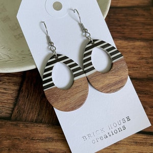 Black and White Striped Cutout Resin + Wooden Earrings, Medium