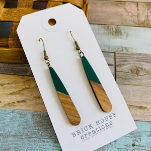 Hunter Green, Emerald Skinny Resin + Wooden Earrings, green, Wood Resin
