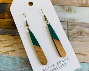 Hunter Green, Emerald Skinny Resin + Wooden Earrings, green, Wood Resin