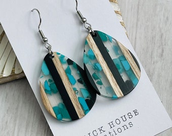 Turquoise Confetti Resin + Wooden Earrings, Wood Resin, Aqua blue