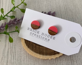 Bright Pink Resin + Wooden Earrings, wood earrings, wood studs