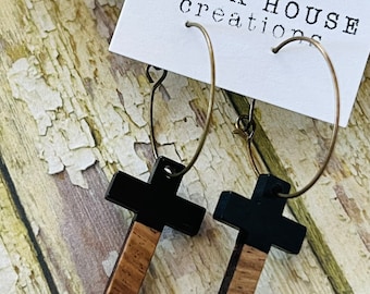 Cross Black Resin + Wooden Hoop Earrings, black wood resin, black wood crosses