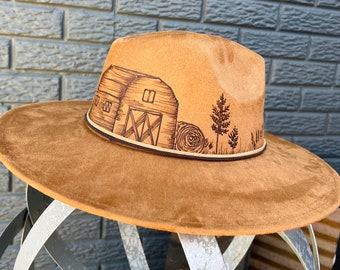 Barn, Farm,  Burned Wide Brim Hat, Fedora Hat, Pyrography, Wood burned hat