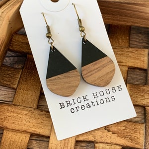 Black Resin + Wooden Earrings  black wood earrings, black wooden earrings