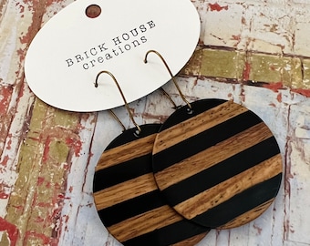 Round Black and Wood  Striped Resin + Wooden Earrings