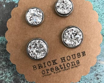 Mommy and Me Bright Silver Druzy Earrings