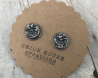 Dark Silver Druzy earrings 12mm, Stainless Setting