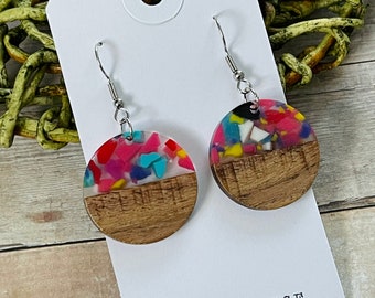 Confetti Resin + Wooden Earrings, Wood Resin