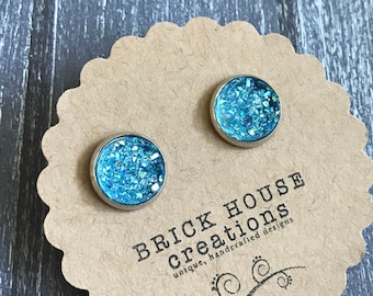 Crystal Blue Druzy earrings, silver setting