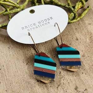 Bold Multi Colored Striped Resin + Wooden Earrings, Hoop