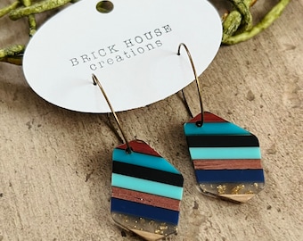 Bold Multi Colored Striped Resin + Wooden Earrings, Hoop