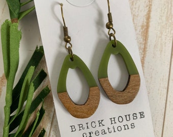 Olive Resin + Wooden Earrings