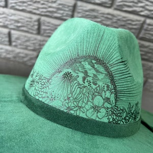 Sunrise Green Floral Burned Wide Brim Hat, Fedora Hat, Pyrography, Wood burned hat