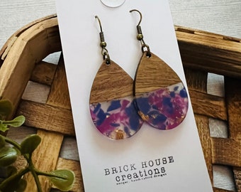 Purple Gold Blue Confetti Resin + Wooden Earrings, Wood Resin