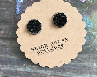 Black Druzy earrings, 12mm Stainless Setting