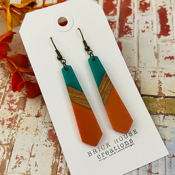 Dark Teal and Orange Resin + Wooden Earrings, wood resin, Fall Earrings