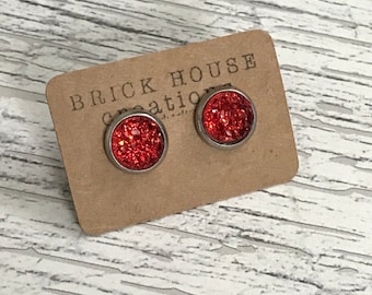 8mm Red Druzy Earrings