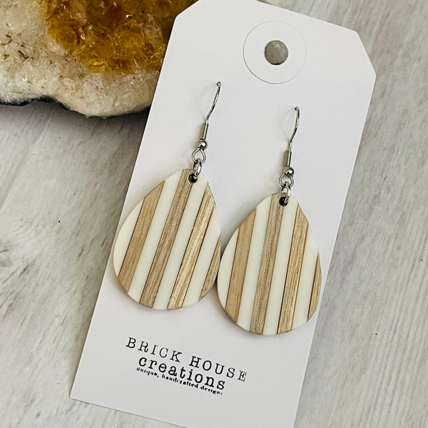 Striped Off White Resin + Wooden Earrings, Cream wood resin, white wood resin