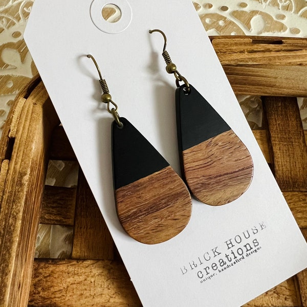 Medium Black Resin + Wooden Earrings  black wood earrings, black wooden earrings