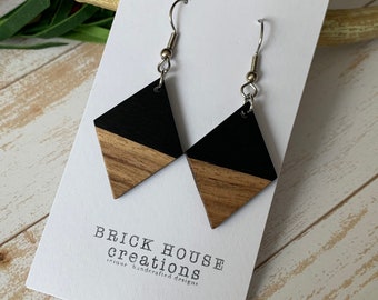 Diamond Black Resin + Wooden Earrings, wooden earrings, wood resin