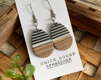 Shipping One Week From Order date - Black and White Striped Resin + Wooden Earrings, Black and white earrings, wood resin, resin and wood