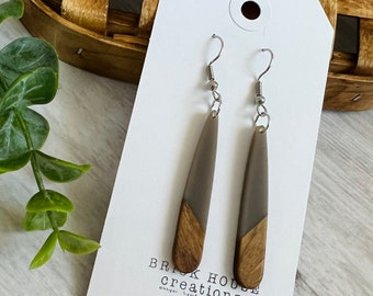 Gray Taupe Skinny Resin + Wooden Earrings, green, Wood Resin