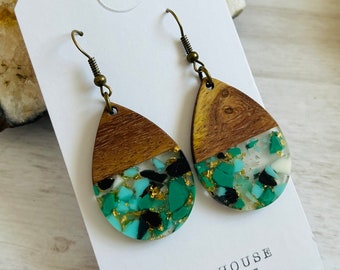 Teal Black Gold Confetti Resin + Wooden Earrings, Wood Resin