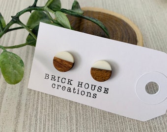 Cream Resin + Wooden Earrings, wood earrings, wood studs, off white wood