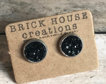 Black Druzy earrings, 8mm stainless setting