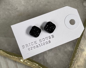 10mm Square Black Druzy Earrings