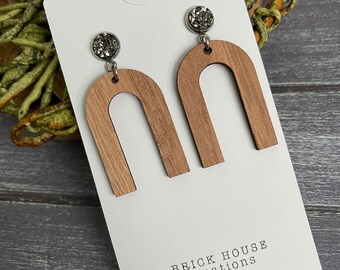 Druzy + Wood Arch earrings, Gunmetal Druzy