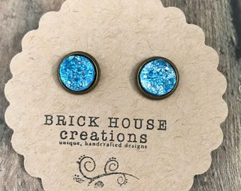 Crystal Blue Druzy earrings, 10mm bronze