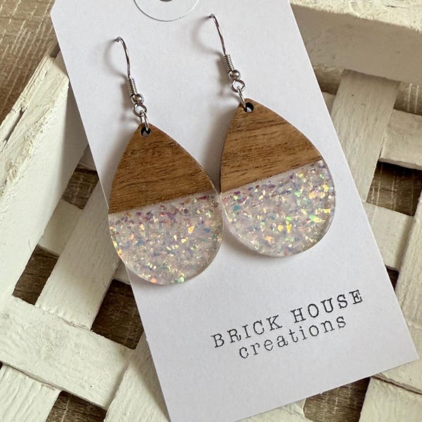Confettis pailletés en résine + boucles d'oreilles en bois, résine de bois
