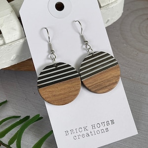 Round Black and White Striped Resin + Wooden Earrings
