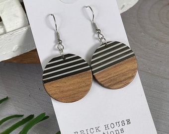 Round Black and White Striped Resin + Wooden Earrings