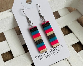 Blue and Pink Striped Resin + Wooden Earrings , wood resin, resin and wood