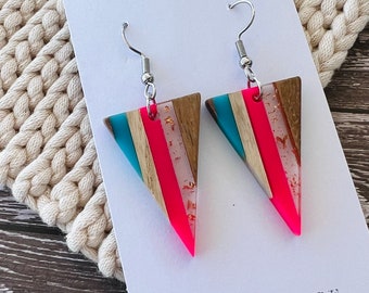 Sylvan Sunset Striped Resin + Wooden Earrings, hot pink and aqua earrings, wood resin, resin and wood, striped wood