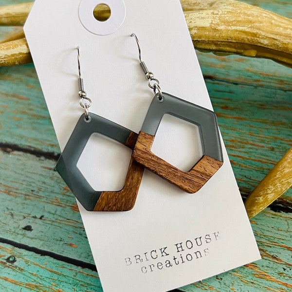 Smokey Gray Resin + Wooden Earrings, Wood Resin